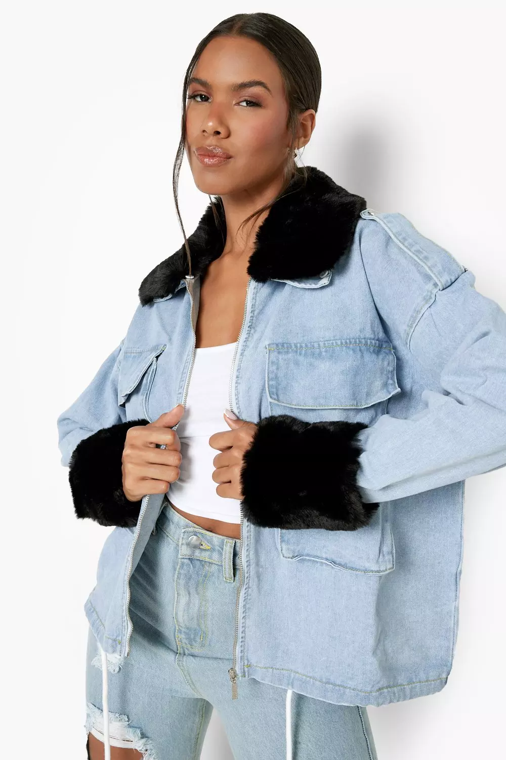 Fur trim denim store jacket